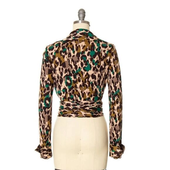 DIANE VON FURSTENBERG Top SZ 6 Vintage Silk Jersey Leopard Animal Print 70s Wrap - Picture 4 of 14